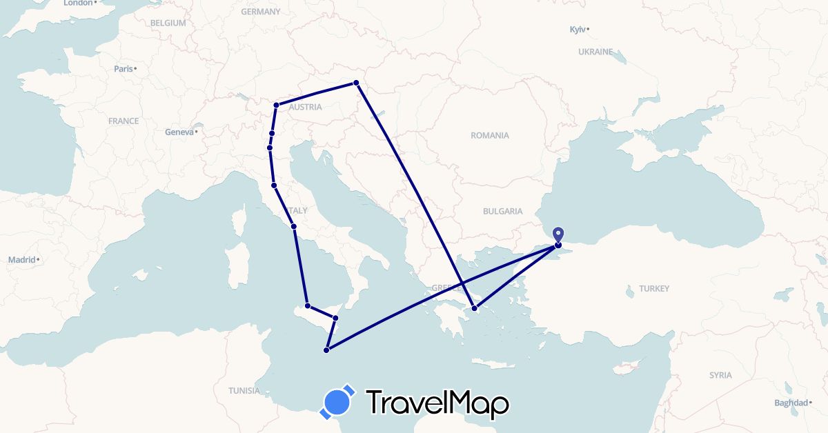 TravelMap itinerary: driving in Austria, Greece, Italy, Malta, Turkey (Asia, Europe)